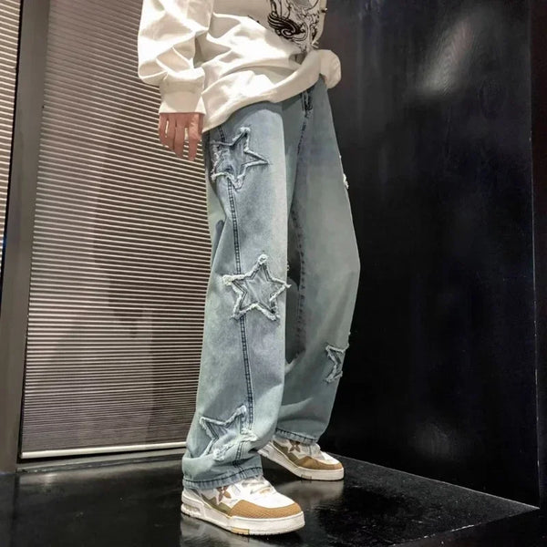 WichNova Men's Star Embroidered Loose Jeans