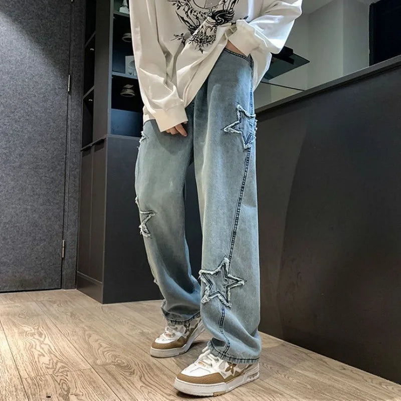WichNova Men's Star Embroidered Loose Jeans