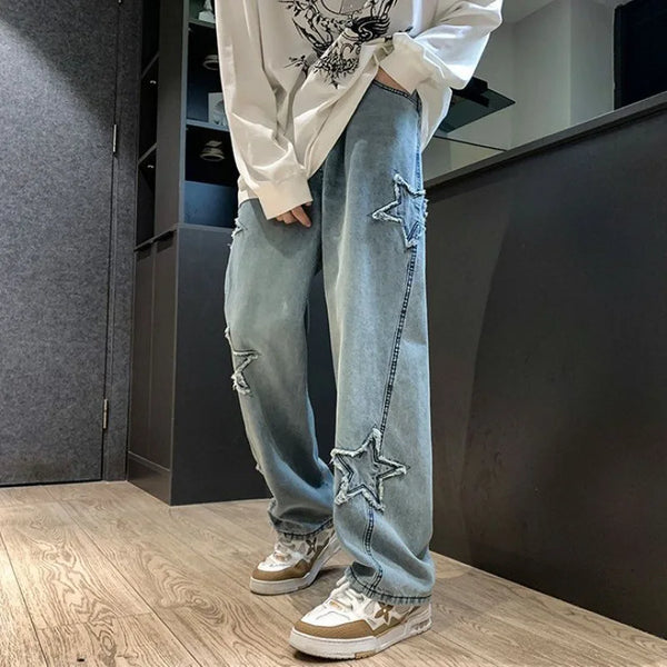 WichNova Men's Star Embroidered Loose Jeans